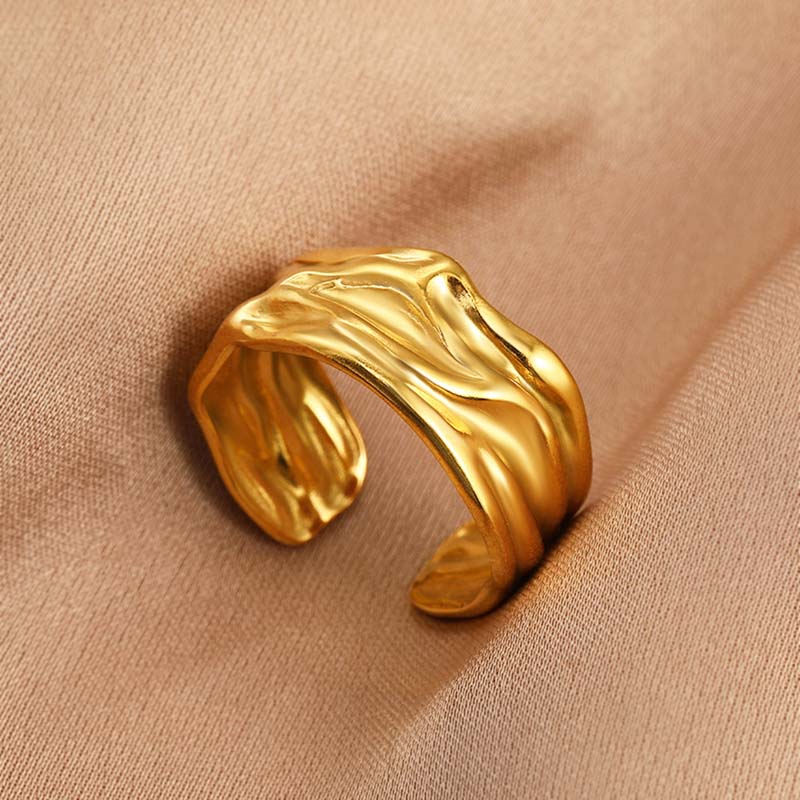 Stainless Steel Gold Color Irregular Geometric Opening Rings for Women Fashion Metal Texture Wide Rings Aesthetic Jewelry Gift