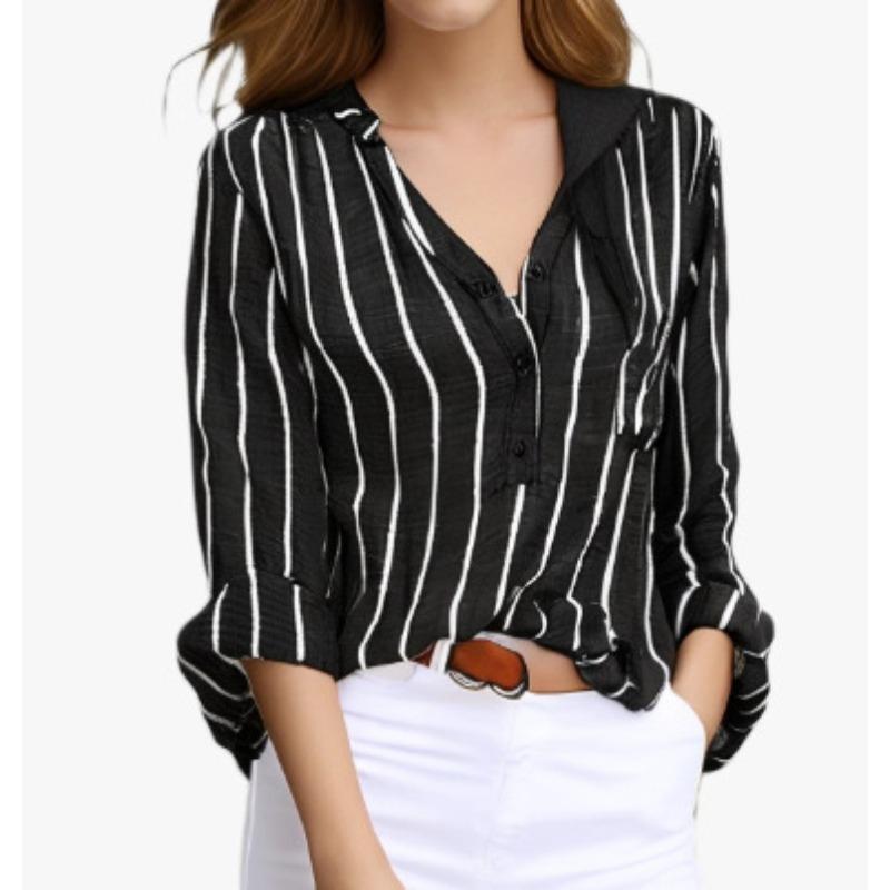 Damenhemd Frühling und Herbst Langarm Einfach Locker Lässig Bedruckte Gestreifte Hemden für Damen Stilvolle Elegante Büro Damenbluse