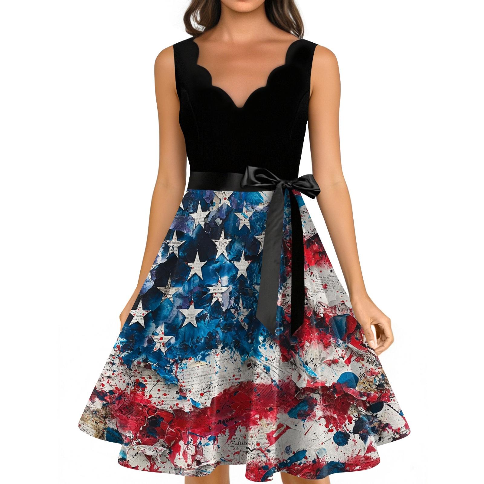 Women s Casual Fashion Independence Day Printed V-neck Retro Sleeveless Dress S синий