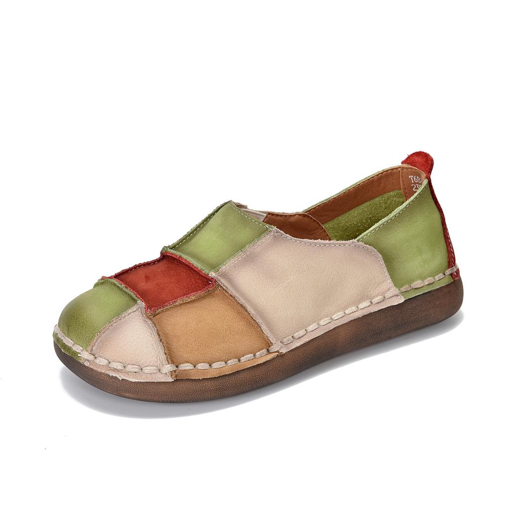 Johnature Retro Genuine Leather Mixed Colors Soft Soled Slip-on Shoes Versatile Round Toe Flat Shoes