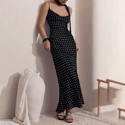 Ropa de Verano para Mujer Nueva Tirantes Finos Escote Pronunciado Lunares Silueta Ajustada Elegante Vestido con Estilo para Mujer