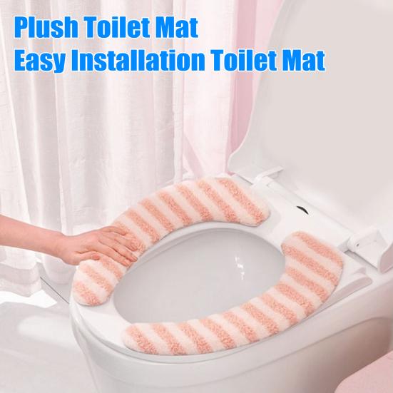 1 Pair Toilet Mat Striped Pattern Thickened Design Plush Warm Toilet Seat Protector Easy Installation Bathroom Mat