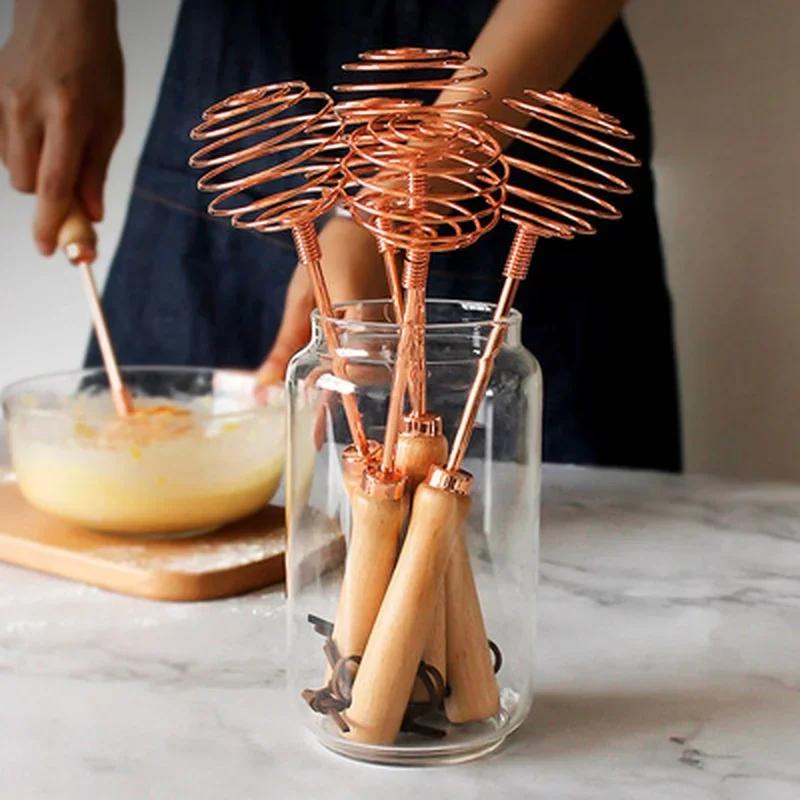 Egg Tools Kitchen Gadgets Rose Gold Beech Handle Spiral Stainless Steel Whisk Cream Stainless Steel Beater Stirrer Kitchen Tool
