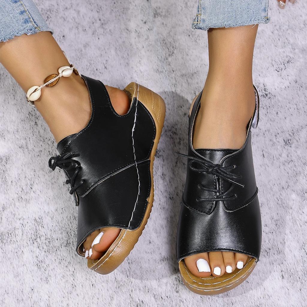 New Women's Med Heels Platform Sandals Lace Up Summer Peep Toe Casual Clogs Shoes Woman Leather Wedges Roman Sandalias Mujer