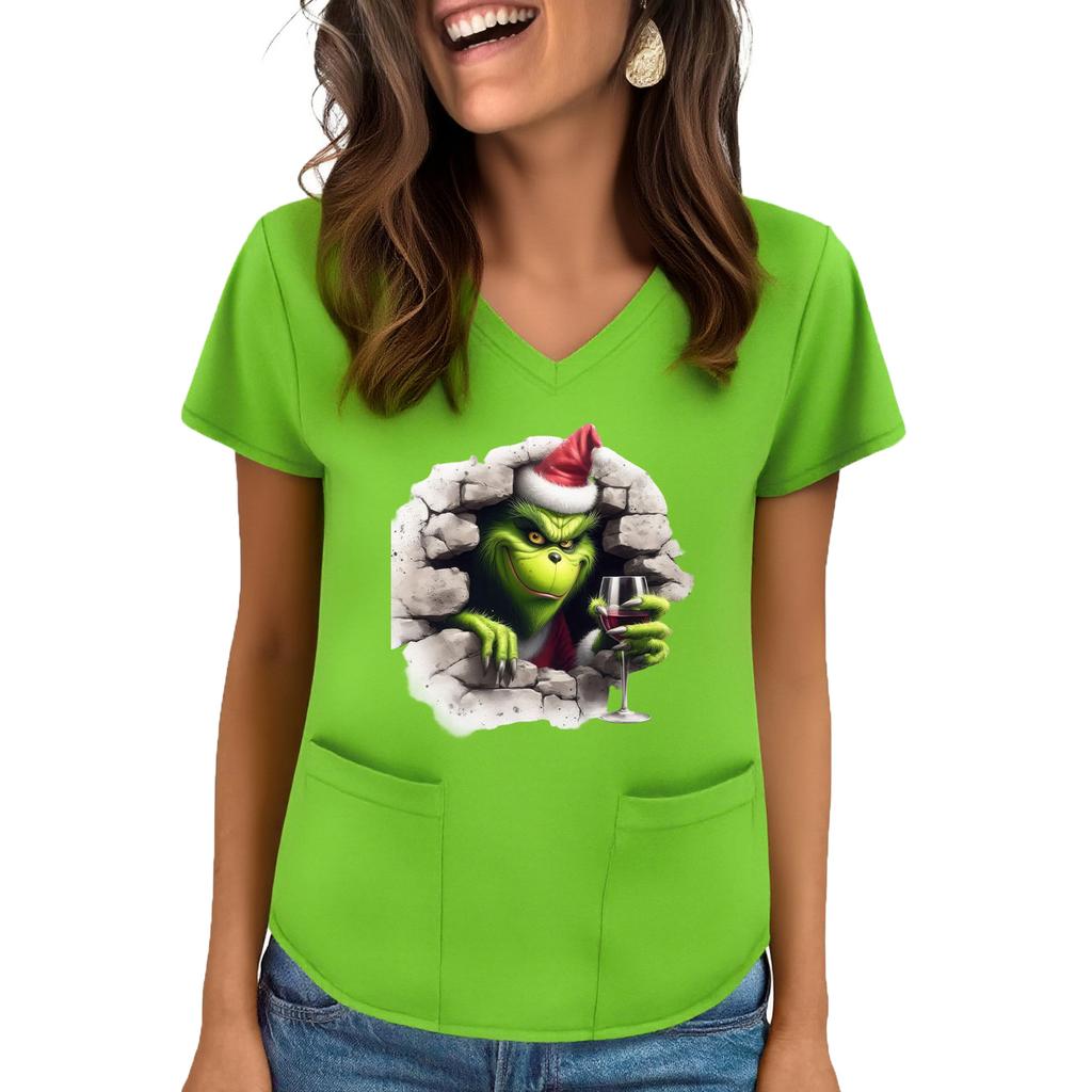 Women's V-neck Christmas Print Short-sleeved Pocket Side Slit Uniform Top