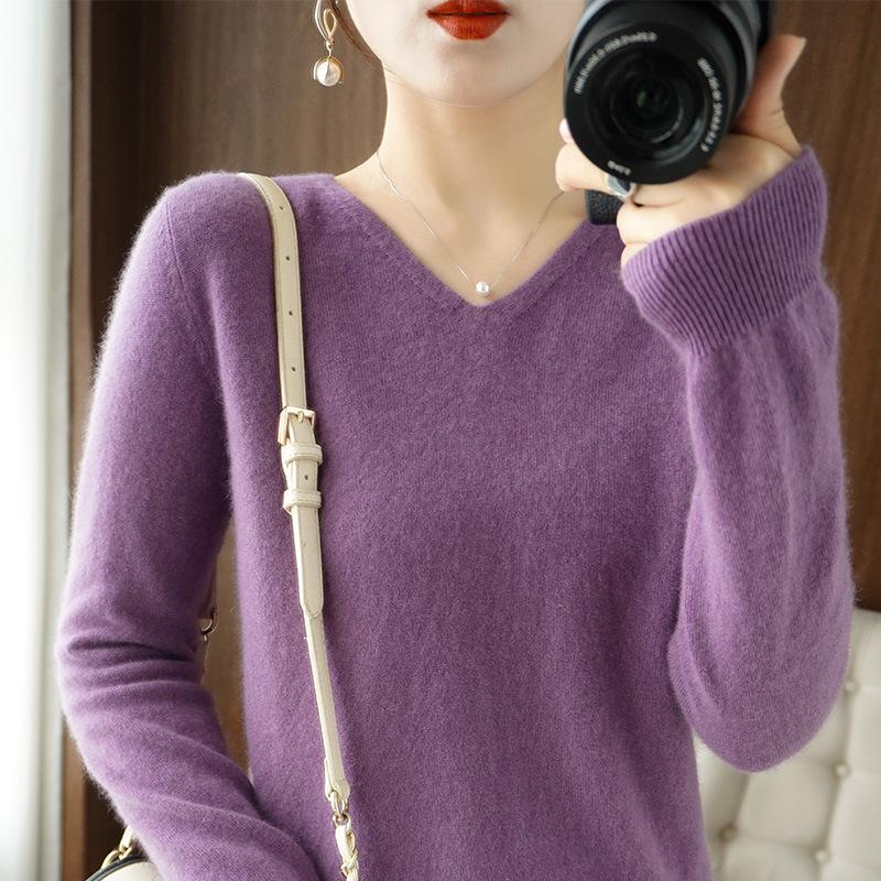 Women's V-Neck Pullover Sweater 2023 - Autumn/Winter Slimming Plus Size Basic Knit Top