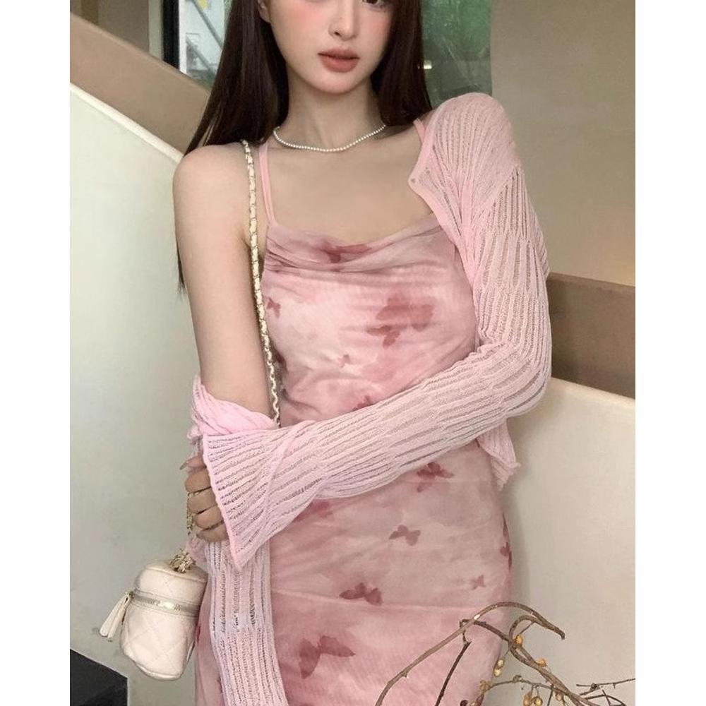 

Французский принт, платье миди с оборками на бретелях, облегающего кроя XL (for 55-60 kg)