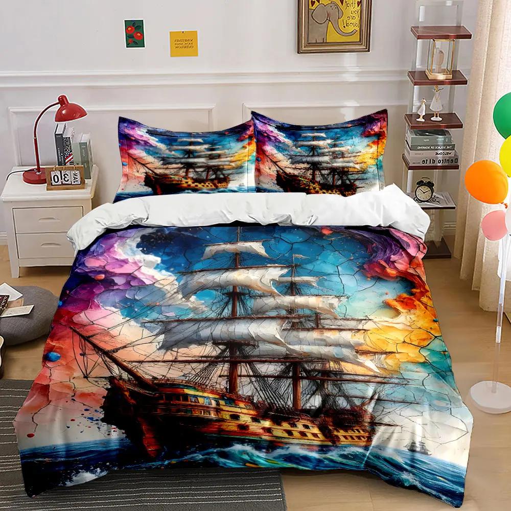 Colorful Ship Wall Art Set Multiple sizes kid's and adults' bedroom Exquisite 3PC bedding set gift