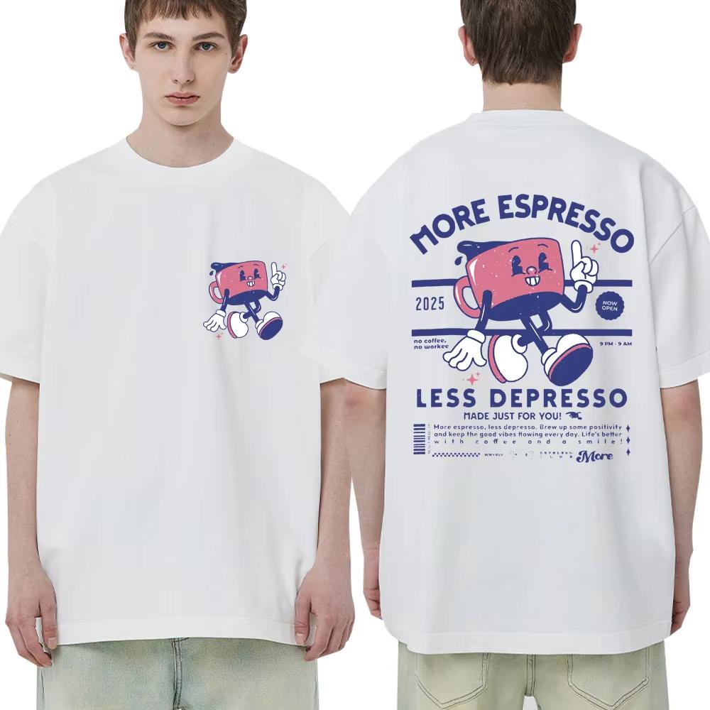 

Больше Эспрессо Меньше Депрессо Модные Футболки Мужские Женские Забавная Мультяшная Футболка с Кофейным Мемом Оверсайз Хлопок Y2K Короткий Рукав Подарки S