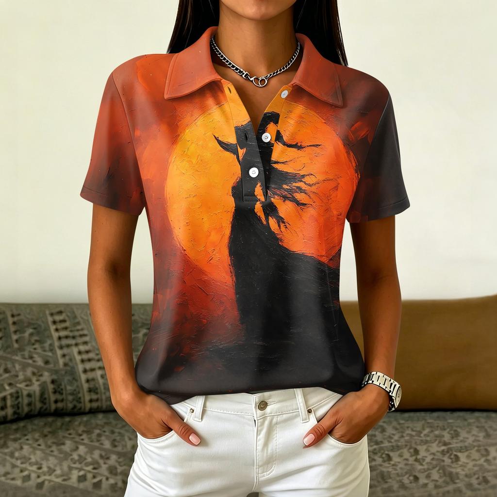 Women's Casual Button Down Short Sleeve Blouse with Halloween Print Lapel