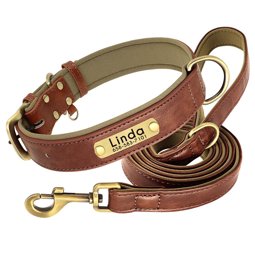 Personalized Dog Collar Leash PU Leather Dogs Collars Pet Rope Engraved Pet ID Name Necklace for Small Large Dogs Soft Padded