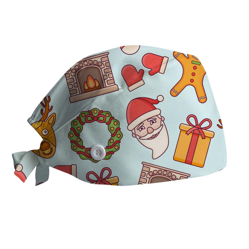 Surgical Cap with Adjustable Printed Christmas Theme Hat, Sweat Wicking Strip, Dust-proof Cloth Bag Head Cap, Doctor's Oral Cap, Nurse's Cap