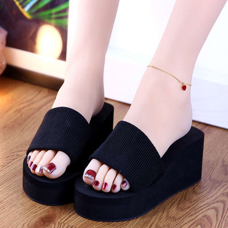 New summer wear high-heeled thick-soled women's non-slip sandals one-word slippers women's slope heel fashion beach seaside women's slippers