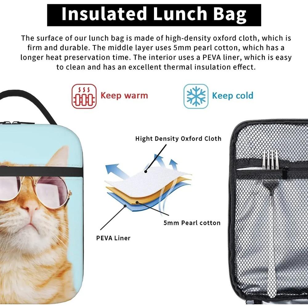 Sunglasses Cat Thermal Lunch Box Insulated Lunch Bags for Women Men Girls Boys Detachable Handle Lunch Box Meal Tote Bag