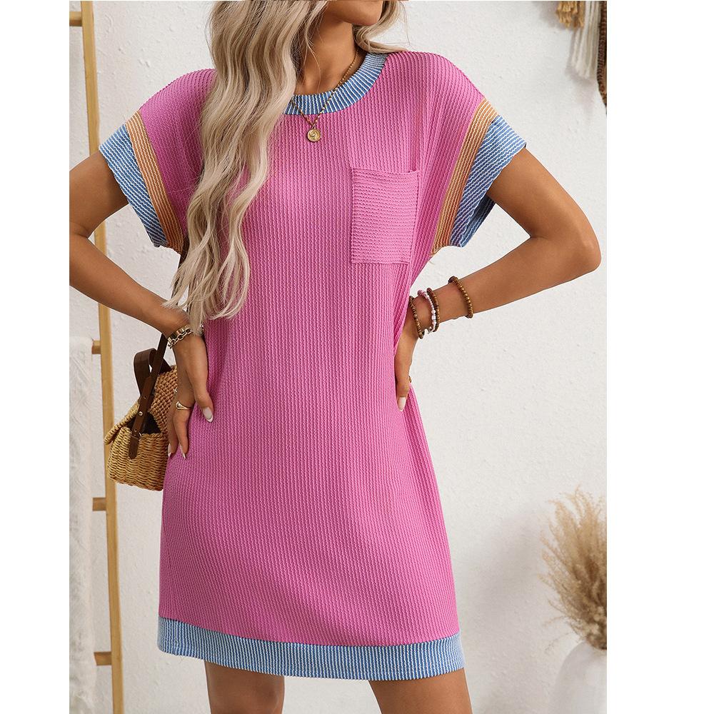 Women's Summer Casual Color Contrasting Twisted Strip Short Sleeve Pocket Dress