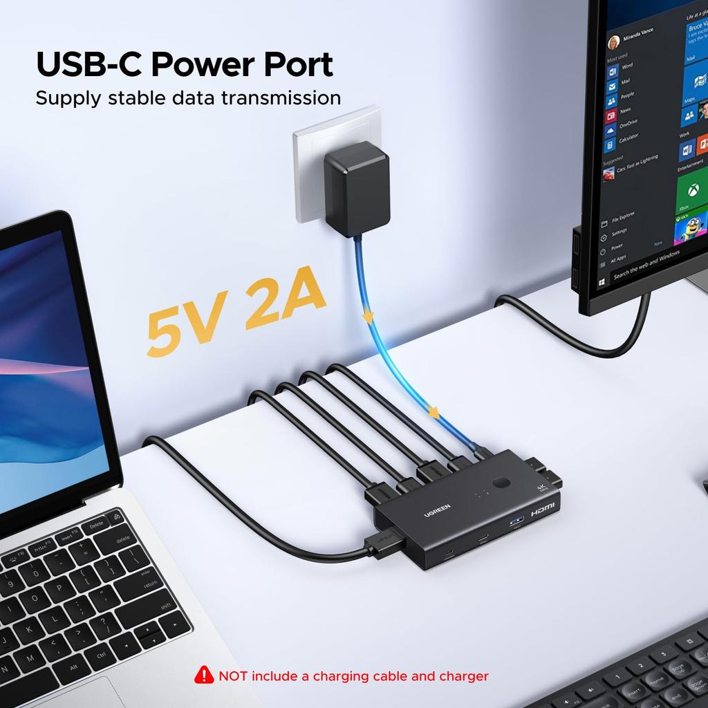 UGREEN HDMI 2.0 KVM Switch, 2 Inputs/1 Output, 4K@60Hz | USB 3.0 x 4 (USB-A x 3 + USB-C x 1) | Keyboard/Mouse Sharing | Desk Controller Included | Com