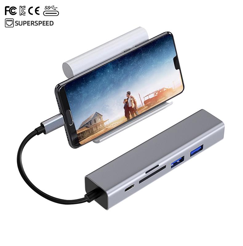 Fabrik USB-Hub 6 in 1 HDMI-Hub USB C auf 2x USB 3.0 PD Schnellladung SD/TF-Kartenleser RJ45(1000Mbps)  Hub-Dockingstation