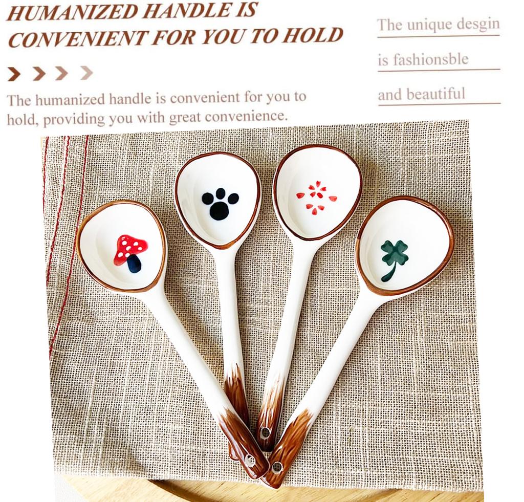 4 PCS Vintage Ramen Soup Spoons, Ceramic Asian Soup Spoons Tablespoon, Rice Noodles Dinner Serving Spoon, Dessert Spoon