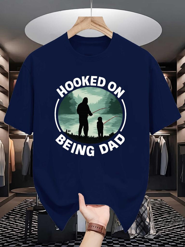 Unisexs Crew Neck T Shirt Hooked On Being Dad Fishing Silhouette Graphic Short Sleeve Casual Cotton Outdoor FisherUnisex Street Tees