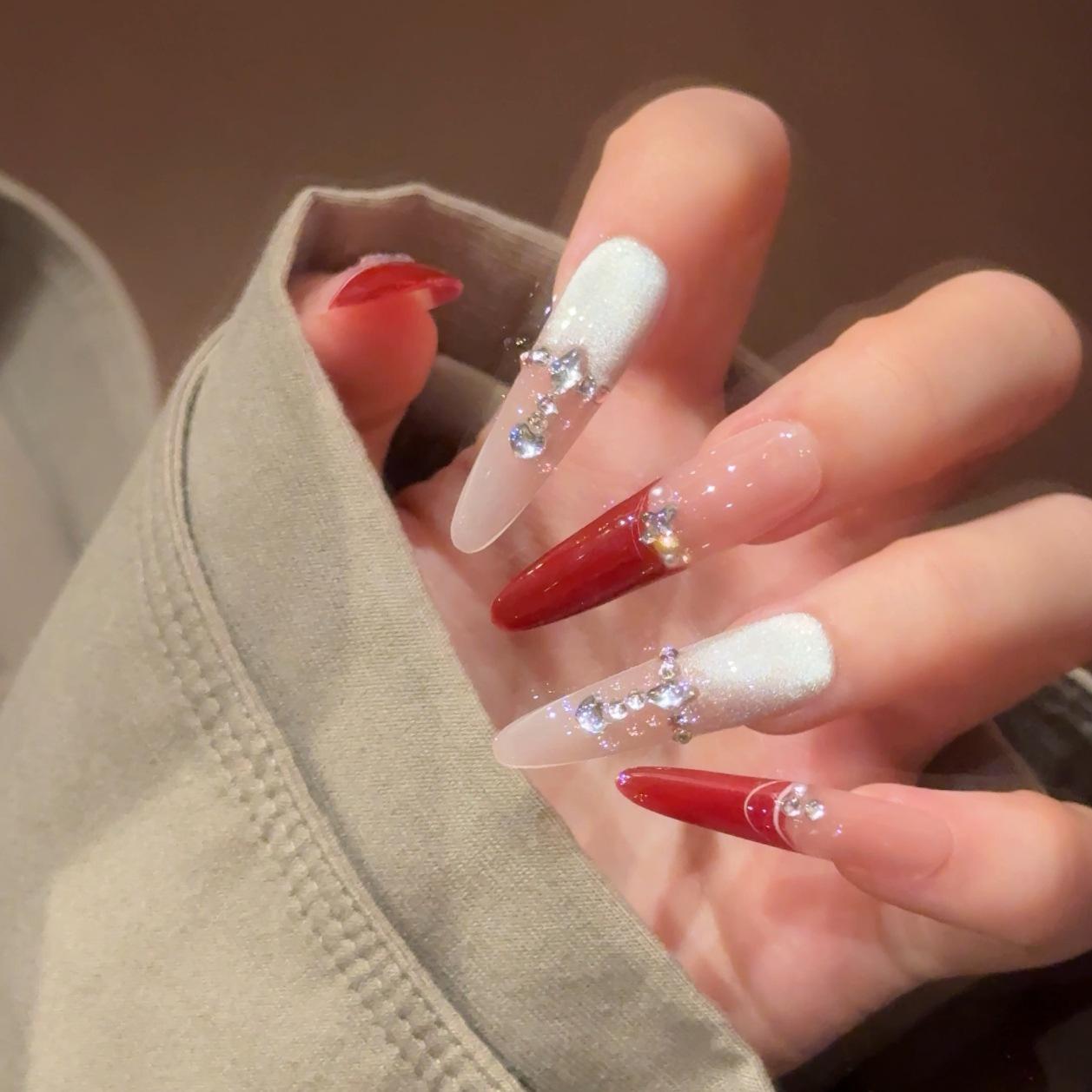 Handcrafted Red Cat Eye French Nail Art Tips: Long, Slim, & Detachable