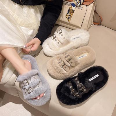 Plush Slippers for Women In Spring and Autumn Wear Fashionable Thick Bottom Belt Buckle for Family Wear Plush Slippers