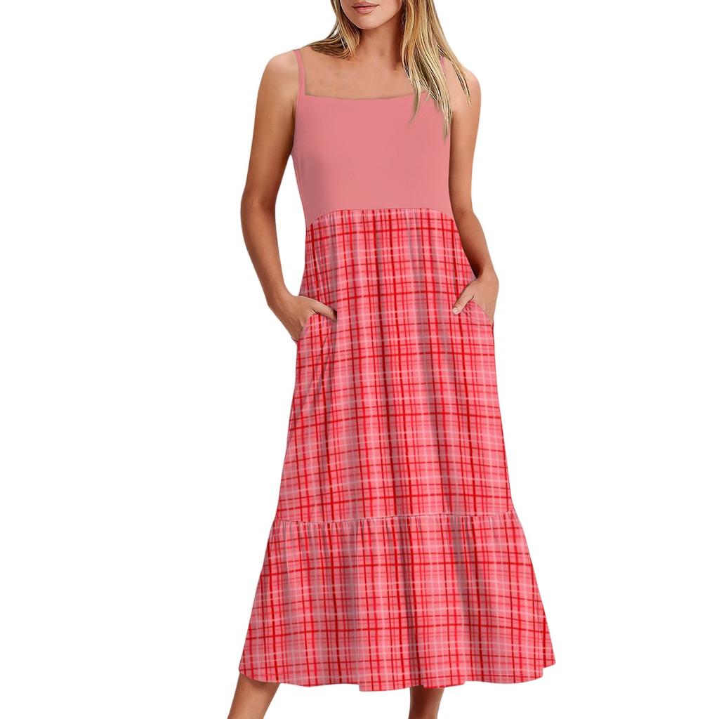 Women's Long Beach Casual Elegant Spaghetti Strap Maxi Dress Plaid Print Low-key Flowing Bohemian Dress