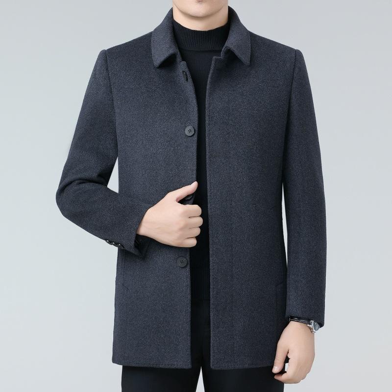 

Двустороннее кашемировое пальто мужское зимнее средней длины шерстяная ветровка делового стиля для мужчин среднего возраста с пуговицами на желчном пузыре 195