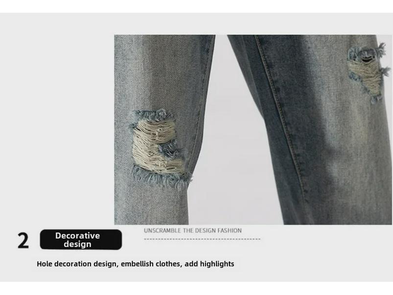 LKTM Pánské roztrhané džíny: Letní nový styl, retro praný, americký trend, rovný střih.