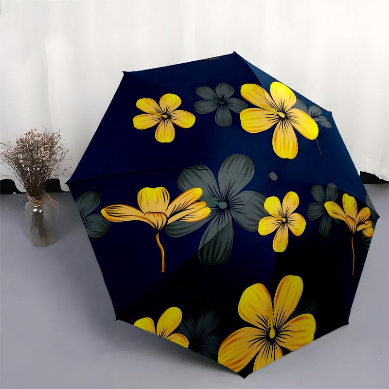 1pc Yellow Flowers Pattern Navy Blue Background Umbrella with Plastic Handle,Suitable for All Seasons Umbrellaptys26086
