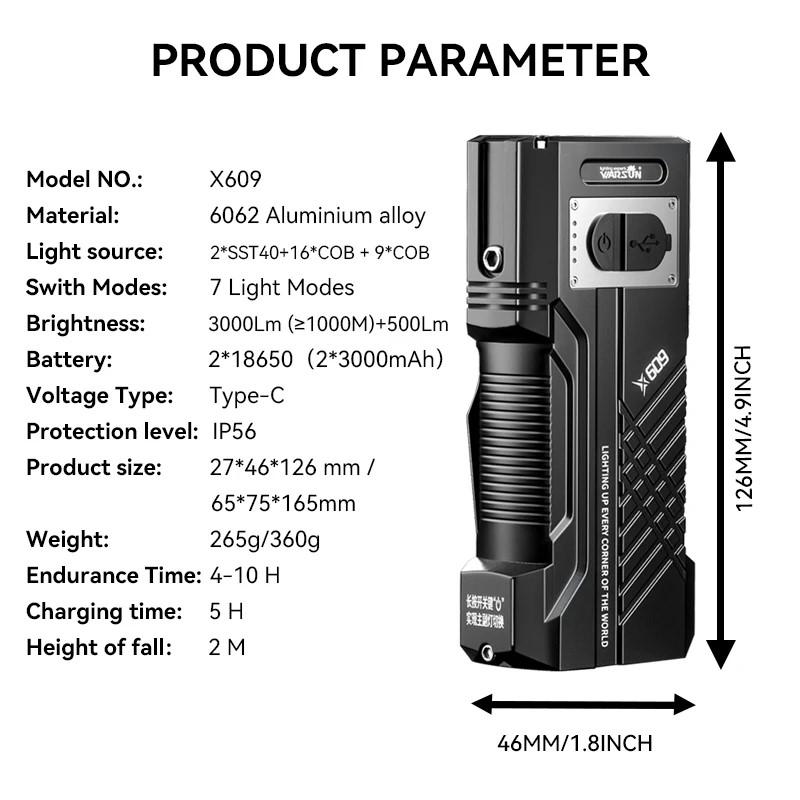 X609 Flashlight 12000Lm The Most Powerful LED Flashlight Rechargeable Flashlight Tactical Light Long Gun Light Camping