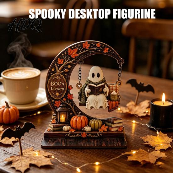 Crescent Moon Ghost Ornament Swinging On Halloween Decoration Spooky Reading Ghost/Skeleton Wooden Bookshelf Unique Table Centerpiece for Home Nook,