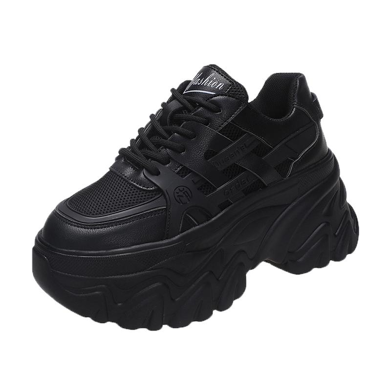 

Модные белые массивные кроссовки женские, новинка 2024 года, осенние, со скрытым каблуком на платформе, спортивная обувь для папы, женская, со шнуровкой, дышащая сетка, повседневная обувь 8 см 34 чёрный