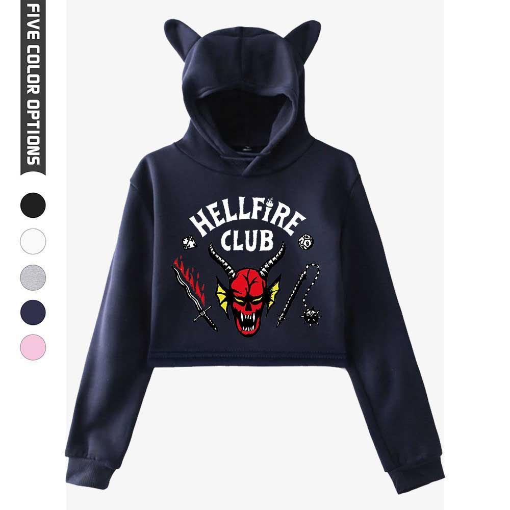 NOWOŚĆ Damska Modna Bluza z Kapturem Crop Top z Długim Rękawem z Nadrukiem Klubu Piekielnego Hoody dla Dziewcząt