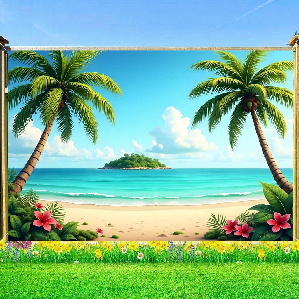 1pc Tropical Beach Sunset Background Banner - Vibrant Palm Trees and Bluish-blue Ocean Scenes, Beach-themed Decoration