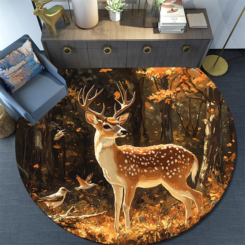 Autumn Forest Deer Round Area Rug,Carpet Rug for Living Room Bedroom Sofa Playroom Decor,Non-slip Floor Mat