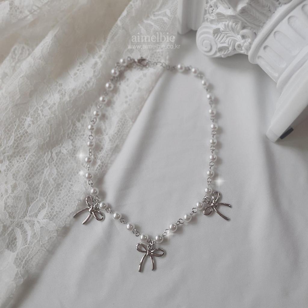 [IVE Rei, Actress Jieun Kim Necklace] Three Ribbons Pearl Choker Necklace - Silver Ver.