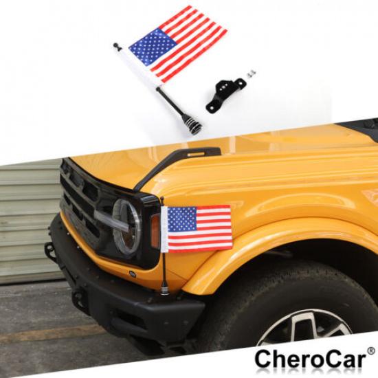 Iron US Flag Front Bumper Flagpole Bracket Trim For Ford Bronco +Accessories
