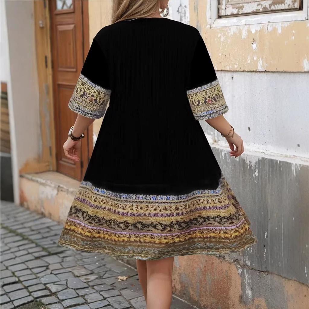 Damen kurzärmeliges V-Ausschnitt lockeres Kleid im ethnischen Stil
