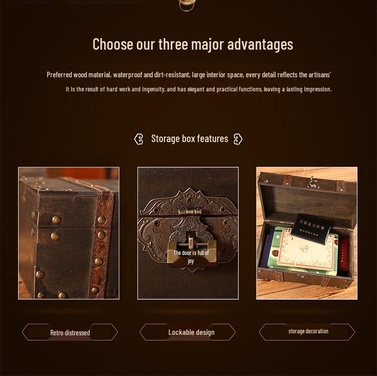 Vintage Wooden Treasure Chest with Combination Lock for Props & Document Storage