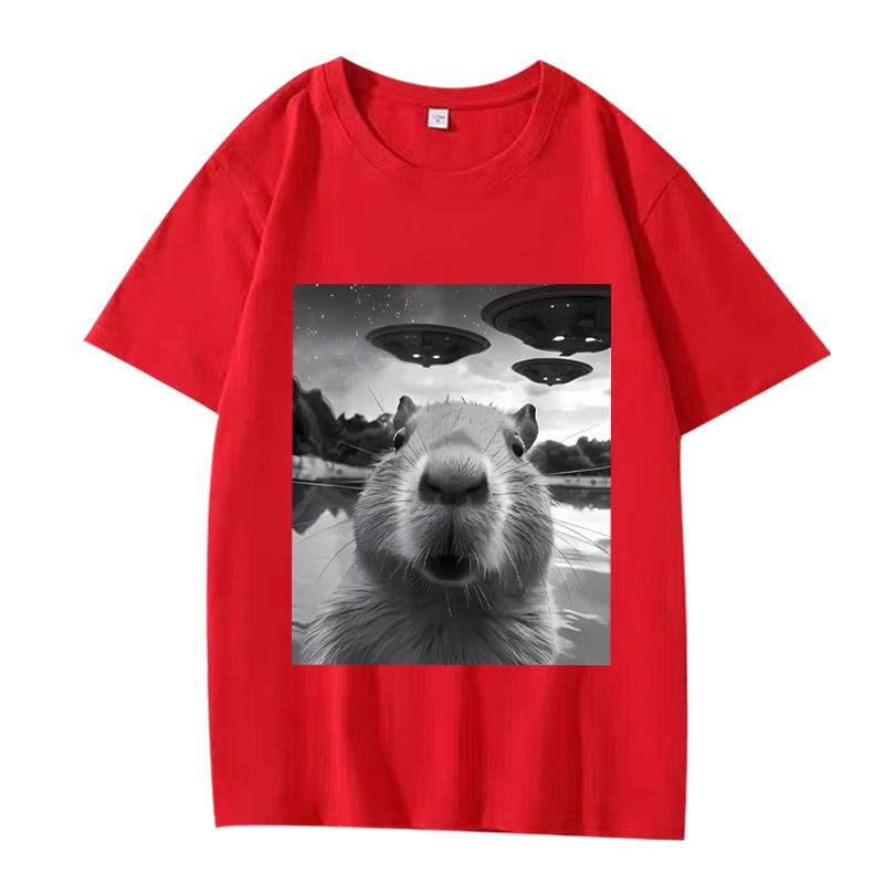 Funny Capybara Selfie with UFO Graphic T Shirt men women Oversized 100% Cotton short sleeve Summer print Unisex tops XS красный