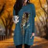 New In Autumn Cat Dragonfly Print Plus Size Dress Women O'neck Long Sleeves Casual Pocket Dresses