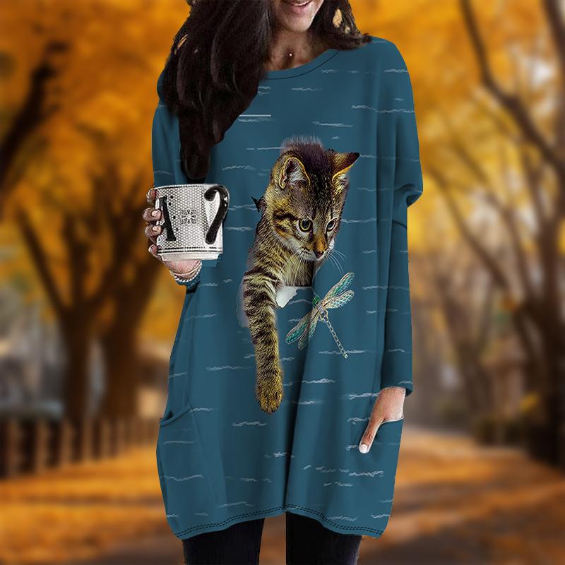 New In Autumn Cat Dragonfly Print Plus Size Dress Women O'neck Long Sleeves Casual Pocket Dresses