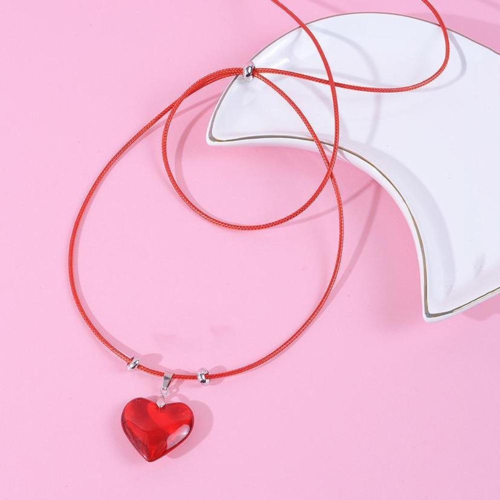 Sweet Simple Red Black Heart-shaped Glass Pendant Leather Rope Chocker Necklace for Woman Hot Girls Korean Y2k Jewelry Accessory