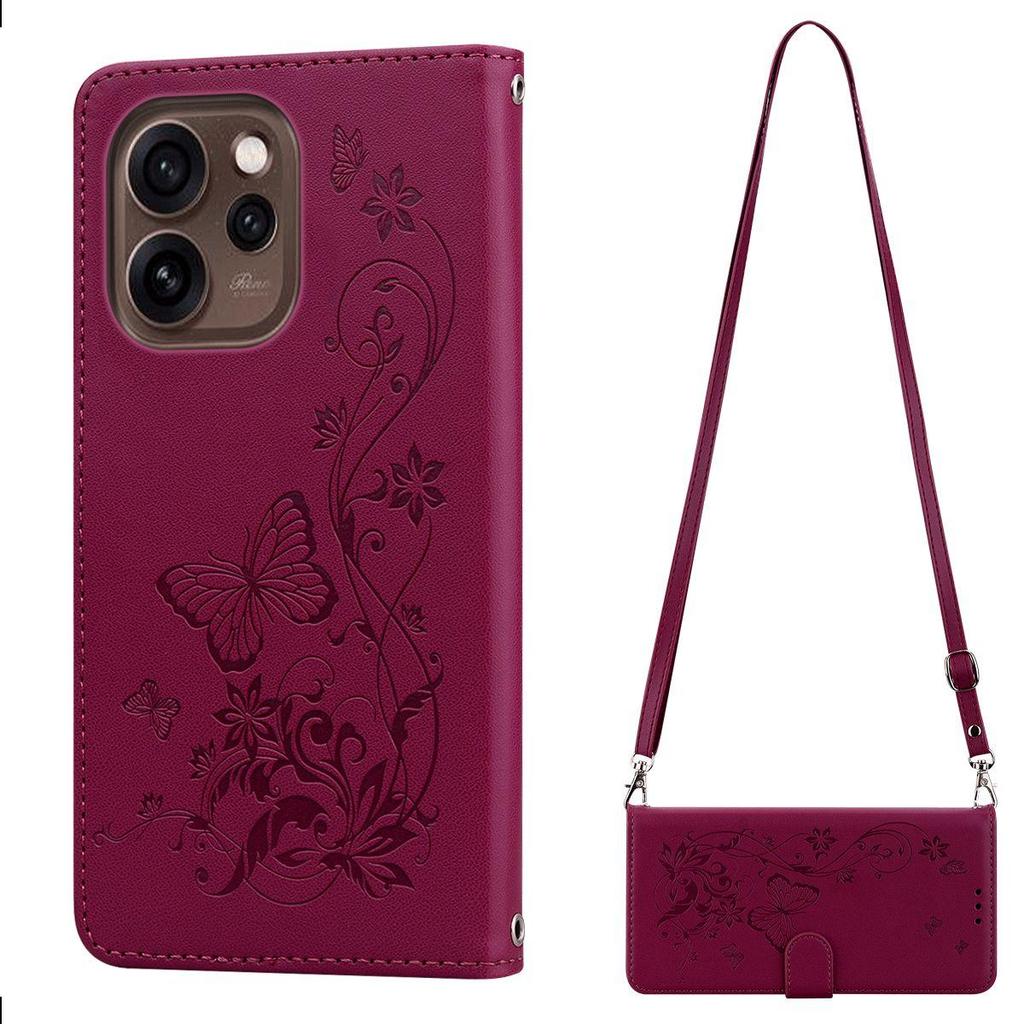 Elegant Butterfly Floral Flip Leather Phone Case for OPPO Reno15 5G Long Shoulder Strap Wrist Lanyard Cover