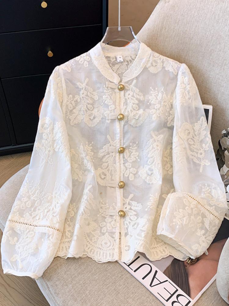 

Весна 2025 Женский топ большого размера с кружевным жаккардом и длинным рукавом: Новый китайский стиль XL грязно-белый