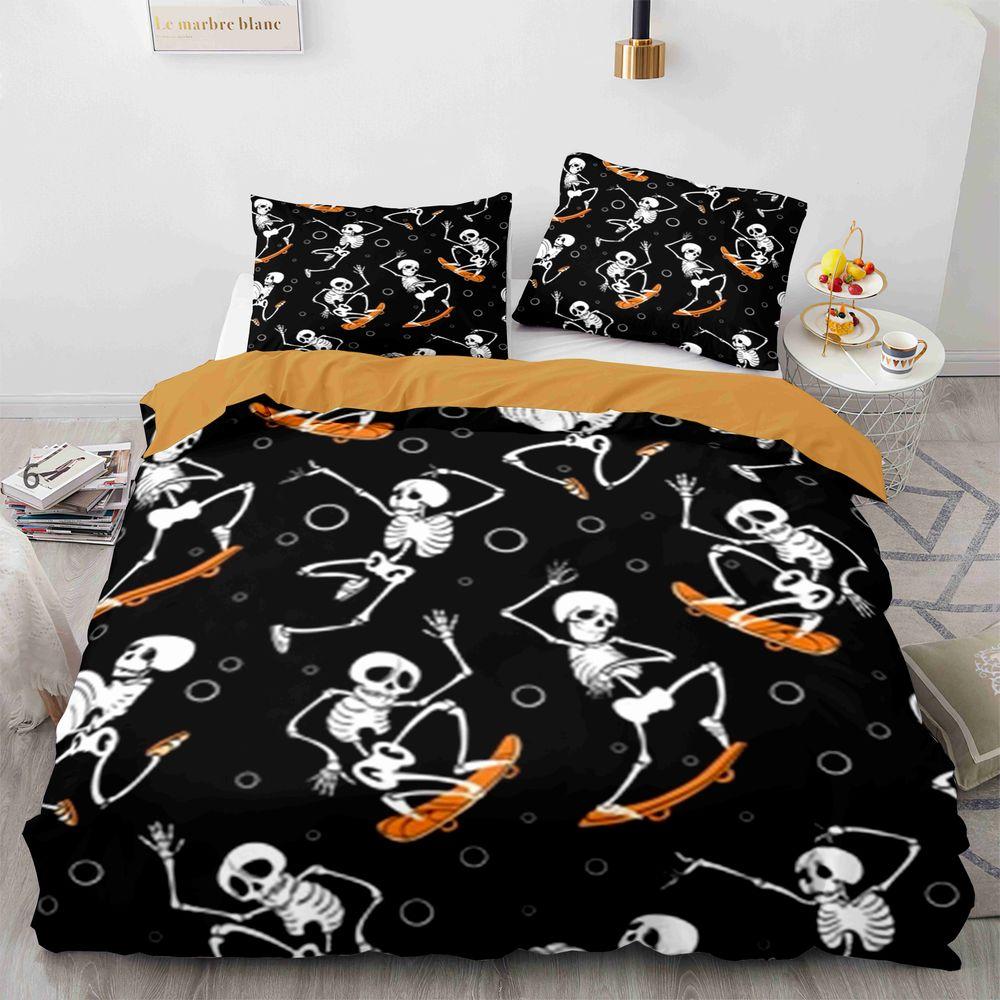 Sugar Skull King Queen Duvet Cover Funny Skeleton Halloween Bedding Set Gothic Spooky Bone Quilt Cover Polyester Comforter Cover