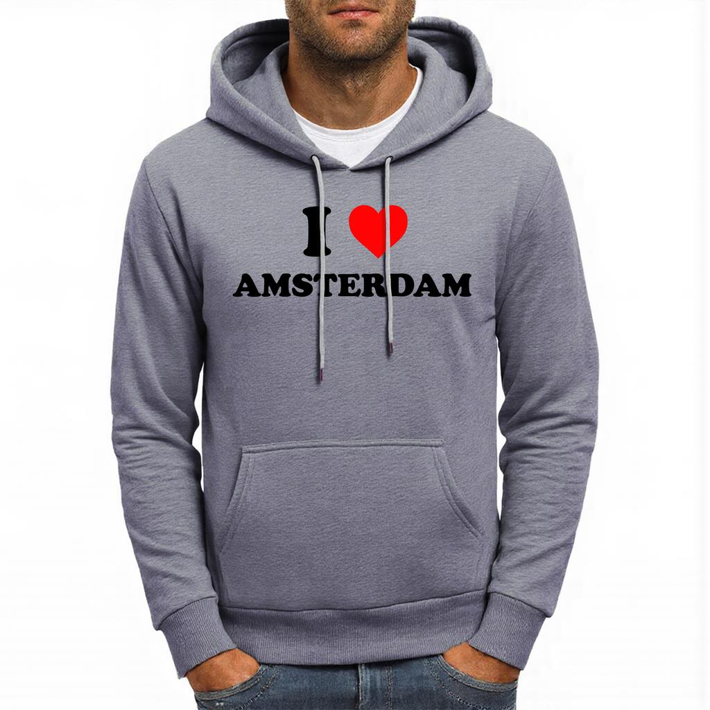 I Love Amsterdam Letter Printing Men Hoodies Pocket Loose Soft Streetwear Vintage All-Match Hoodie Autumn Fleece Man Hoody