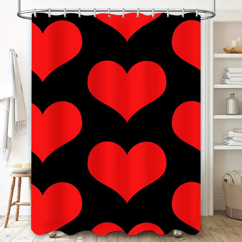 Heart Shaped Shower Curtain Waterproof Bathroom Decor Printed Fabric Shower Curtains Red Black Background 72X84 (180X213Cm)