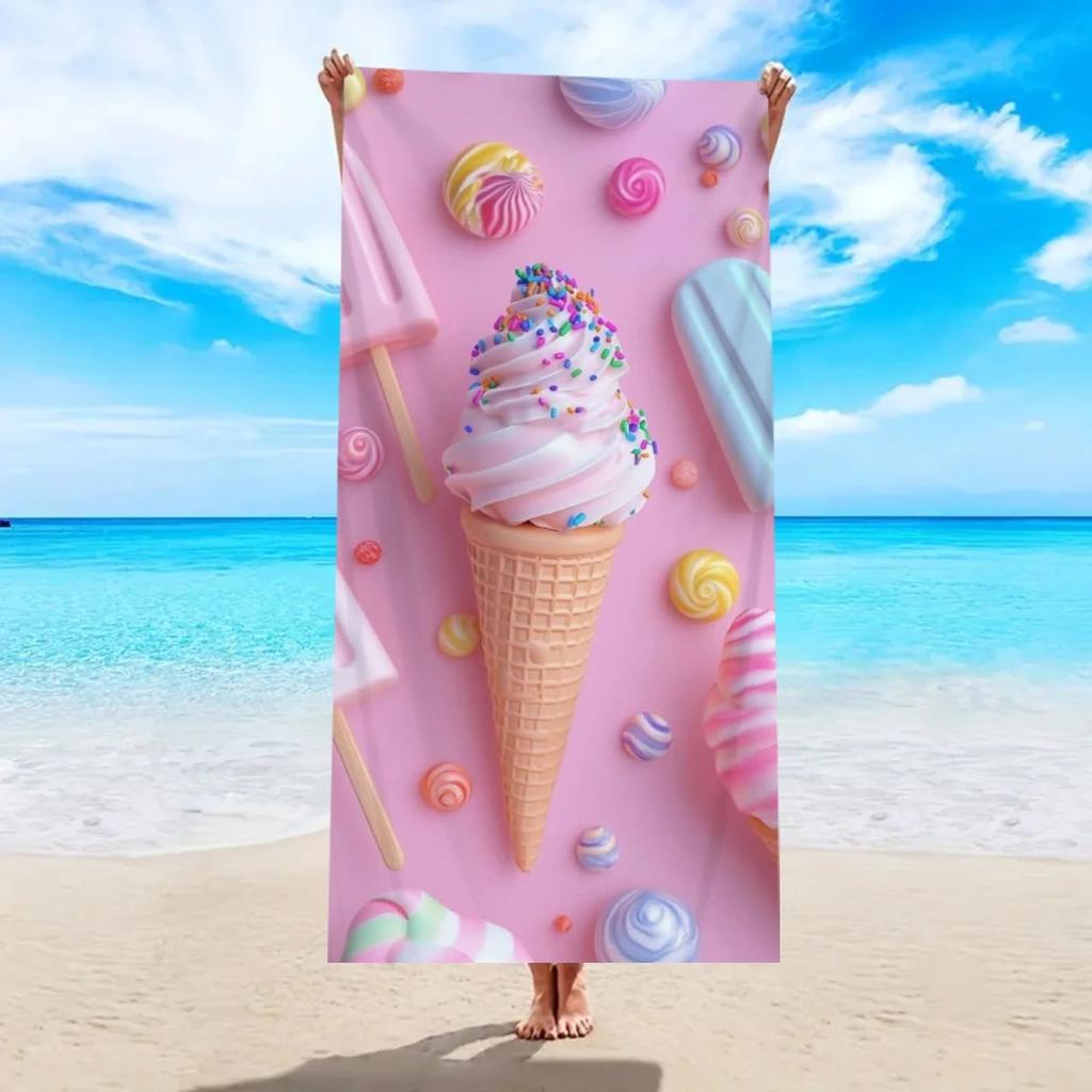 Süßes Eis Strandtuch Lustiger Eis am Stiel Druck Badetuch Sommer Erdbeer-Dessert Grafik Badetuch Kawaii Poolhandtuch