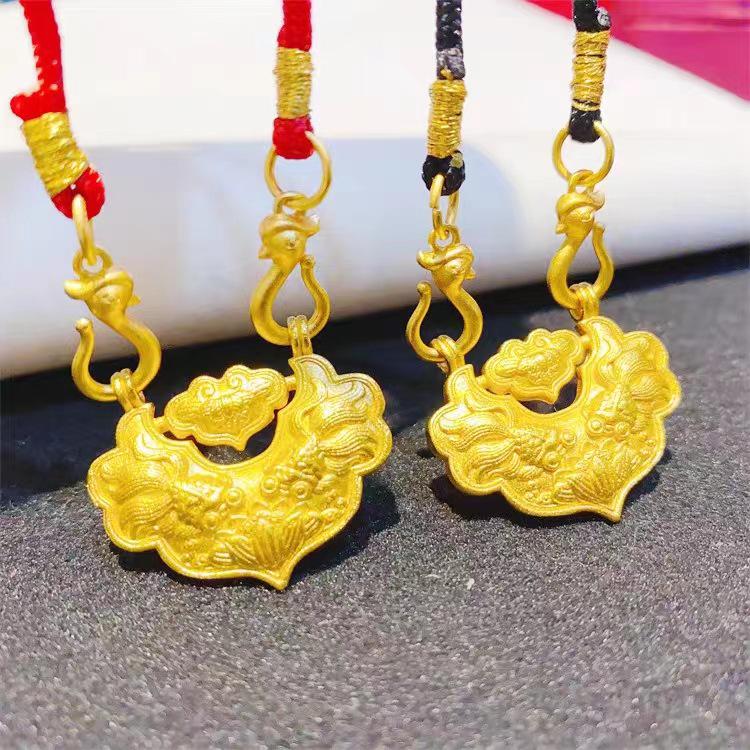 Gold Sand Lotus Koi Fish Pendant Necklace with Peacock Buckle and Red Rope